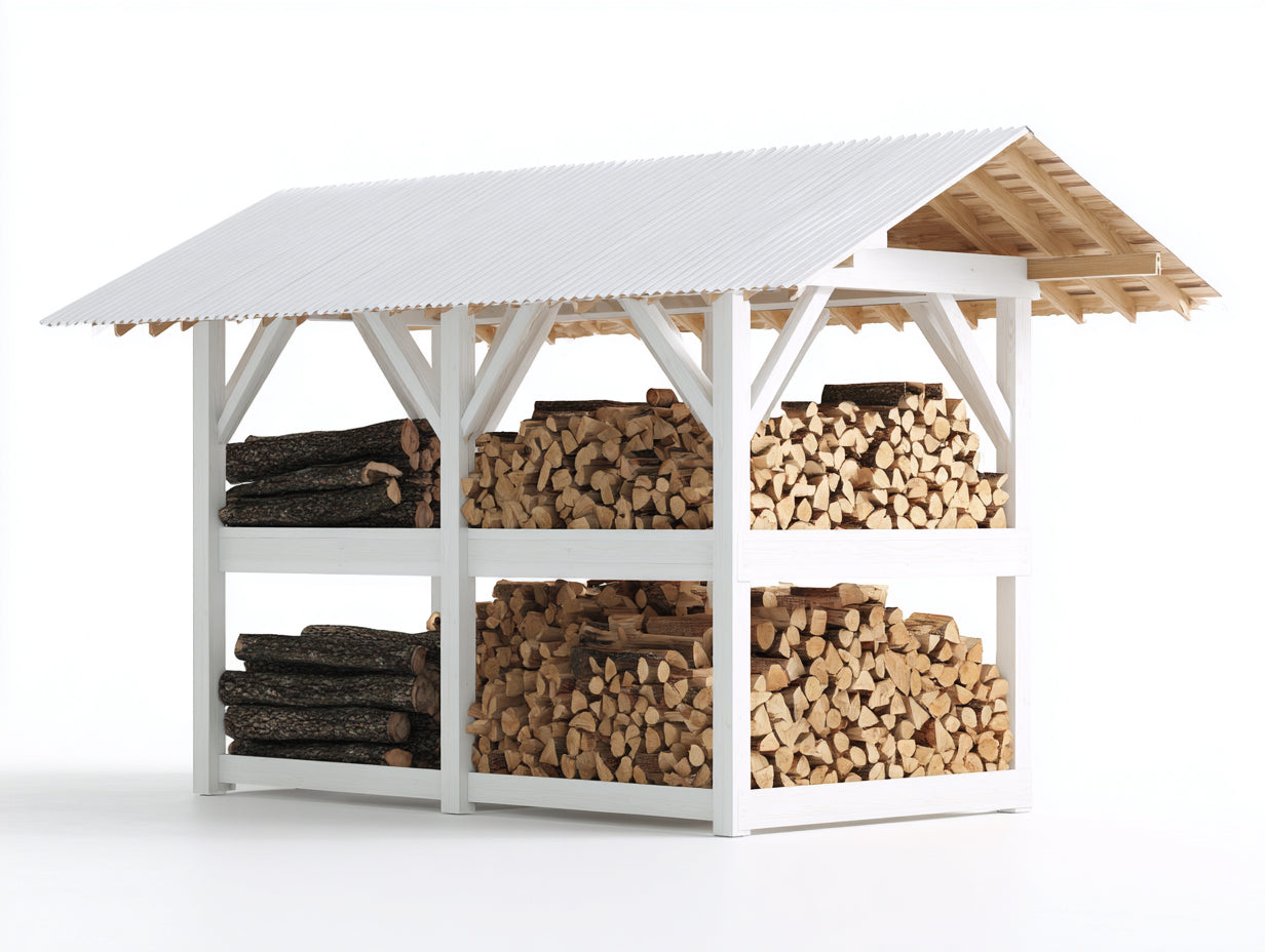 Leñero de exterior Madera 200x80x180 cm - Blanco - Estructura resistente y cubierta protectora