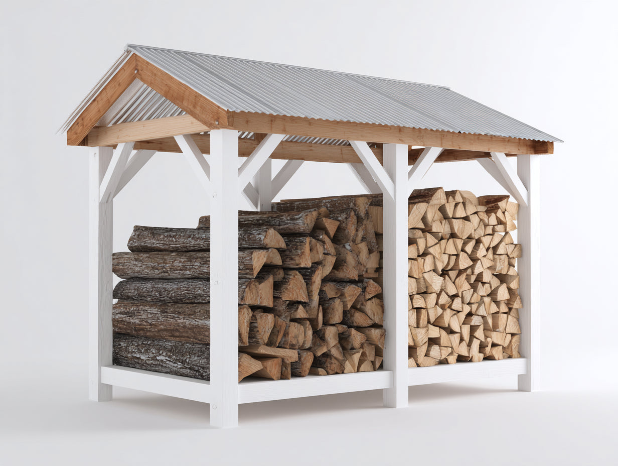 Leñero de exterior madera y metal 240x75x180 cm - blanco-marrón-gris - diseño con tejado