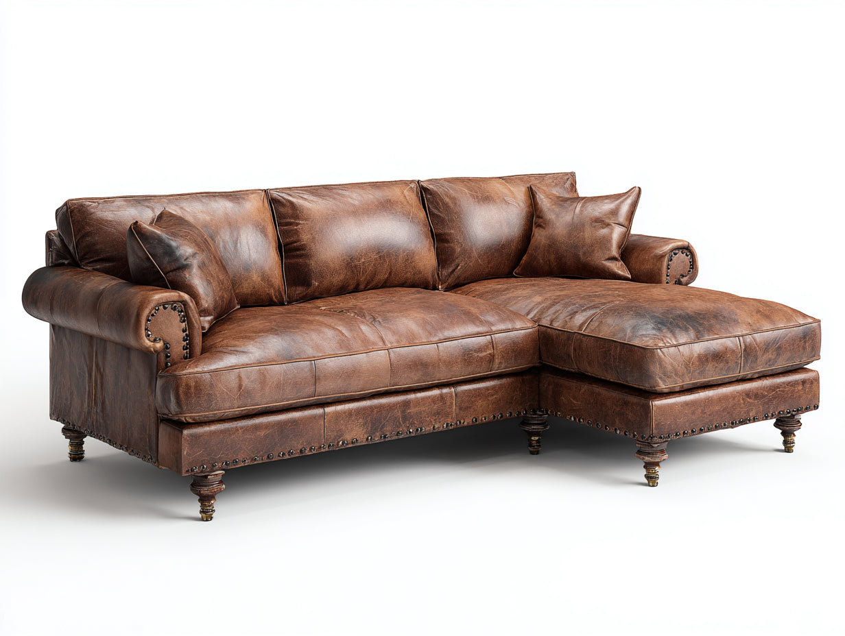Sofá de esquina de piel envejecida 285x170x86 cm - marrón cuero - estilo clásico