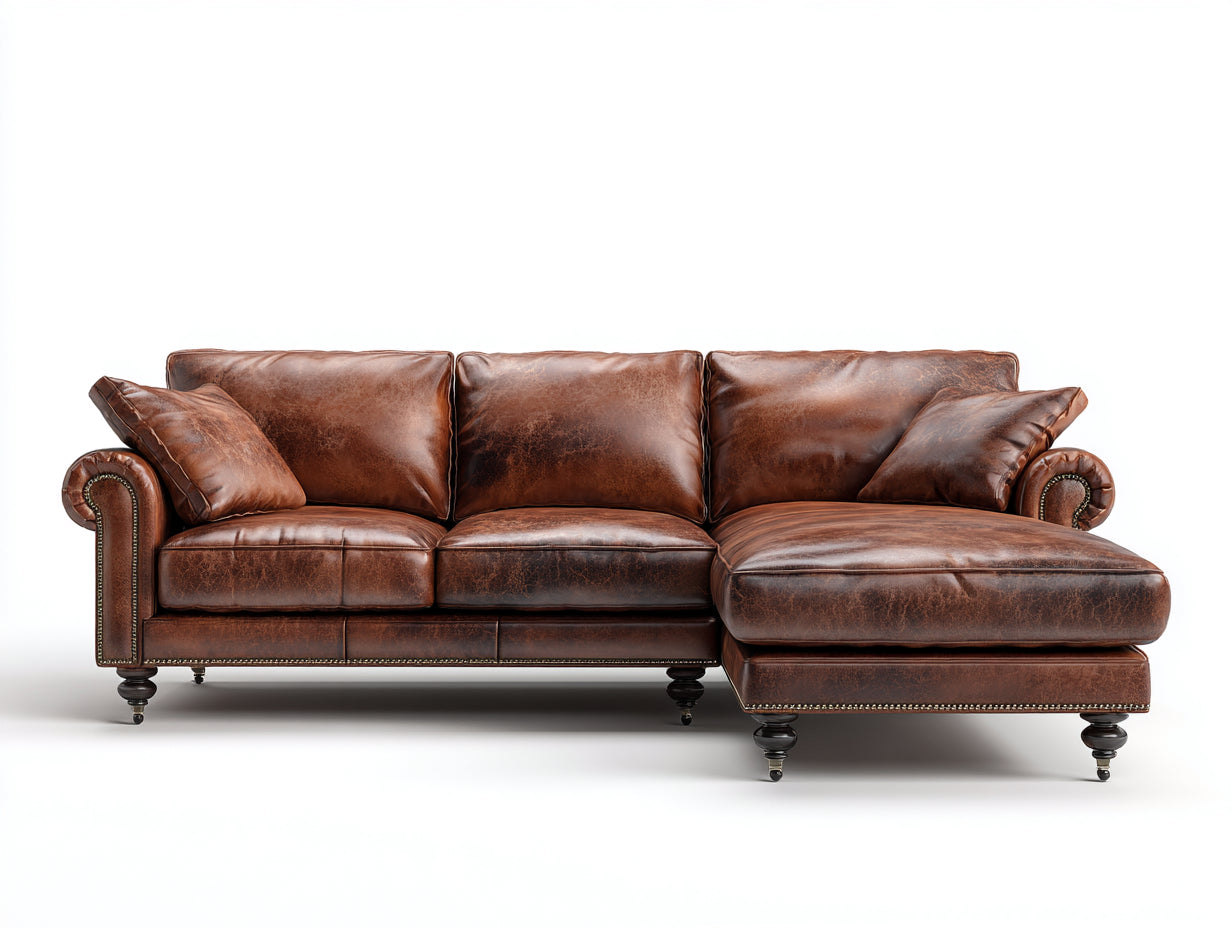 Sofá de esquina de piel envejecida 275x165x86 cm - marrón cuero - estilo chesterfield
