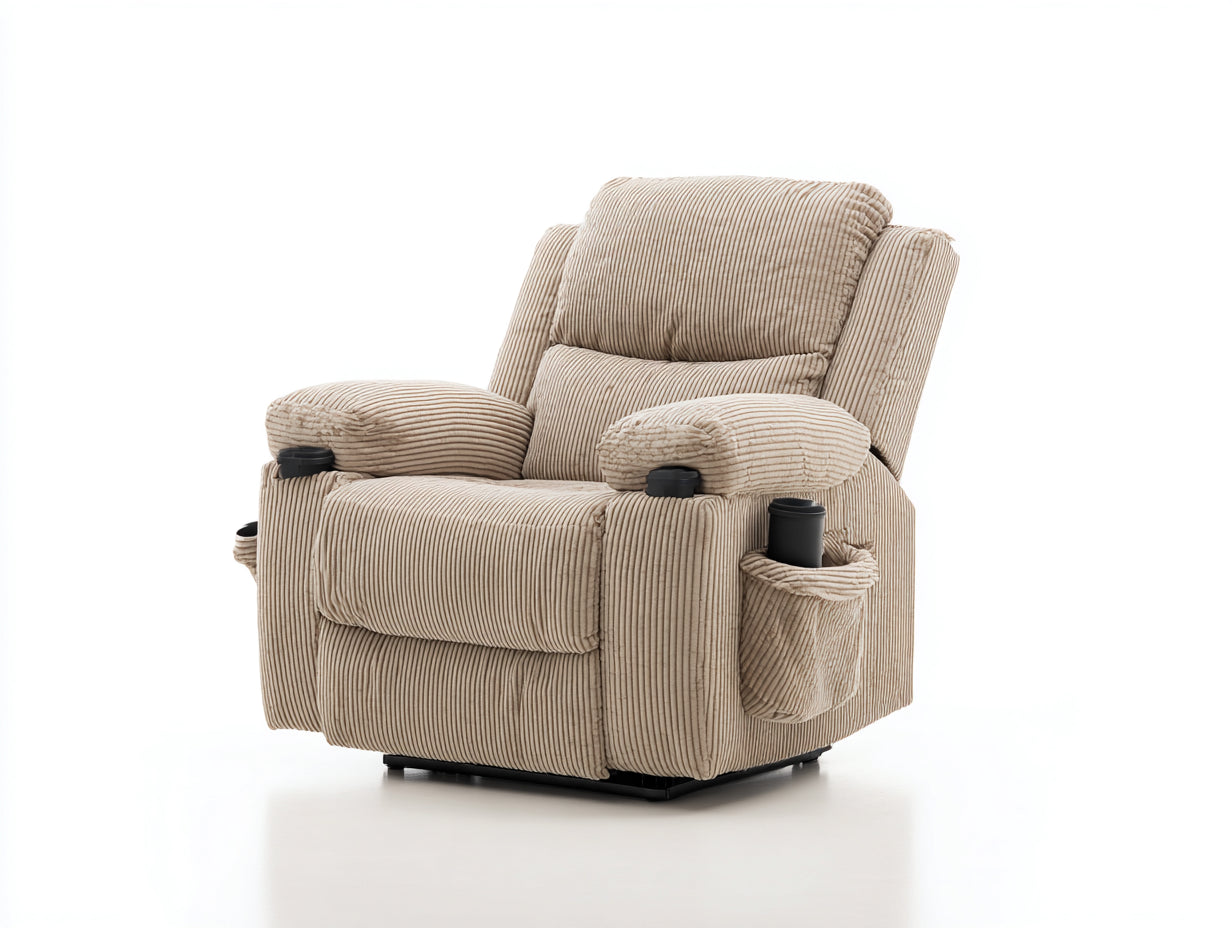 Sillón reclinable de tela acanalada 96x98x108 cm - beige - con portavasos laterales