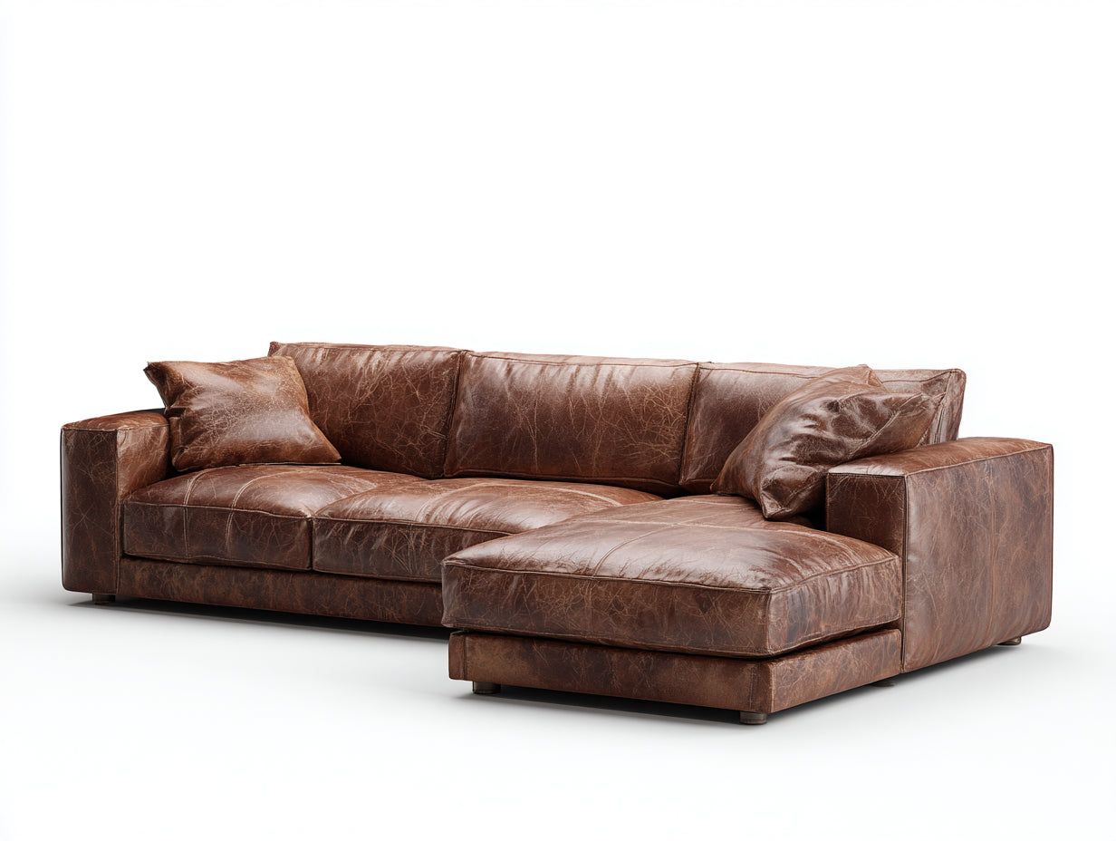 Sofá de esquina de piel envejecida 260x160x82 cm - marrón cuero - estilo vintage