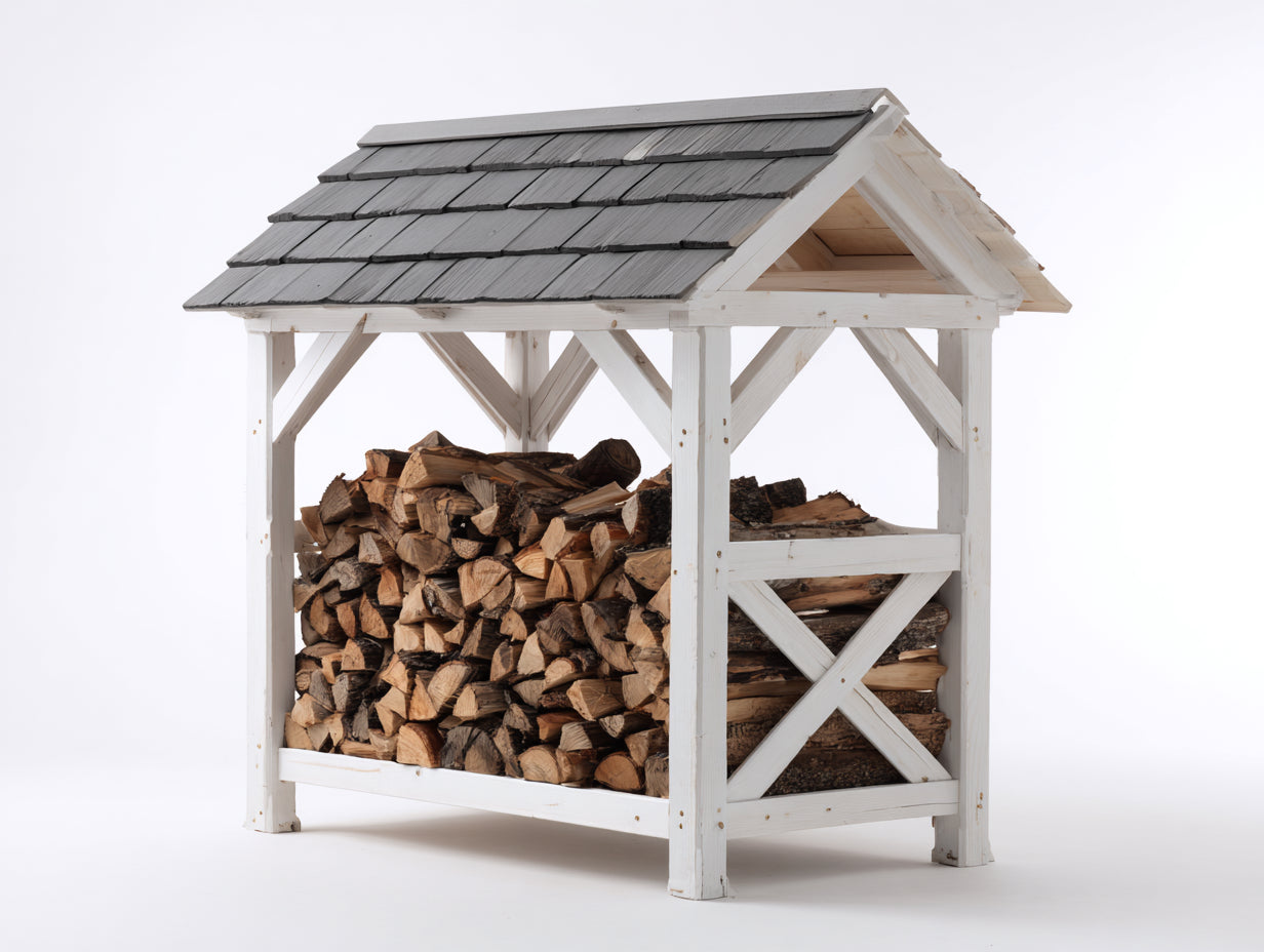 Leñero de exterior madera 135x55x125 cm - blanco-gris - diseño rústico con tejado