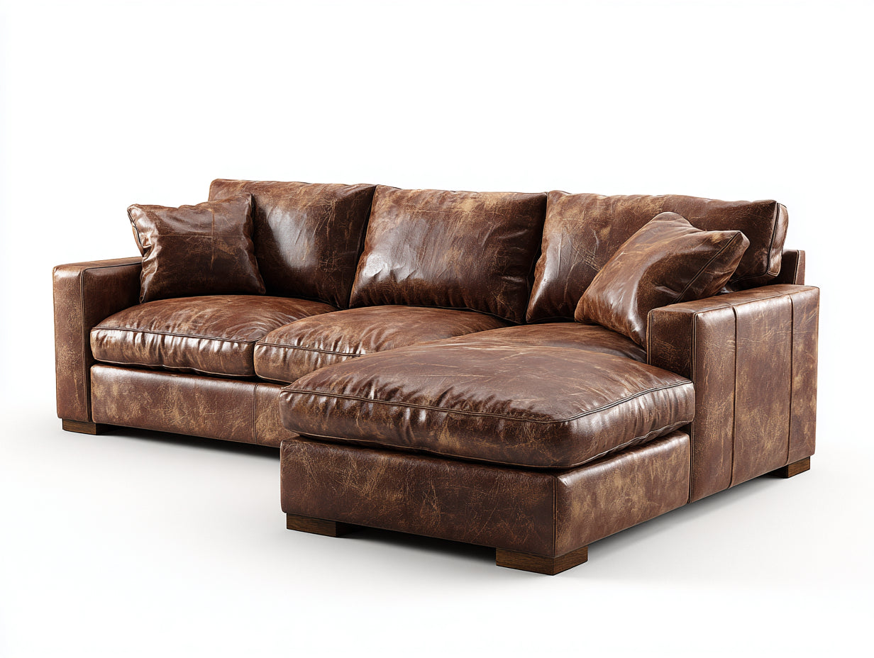 Sofá de esquina de piel envejecida 285x175x84 cm - marrón cuero - diseño moderno