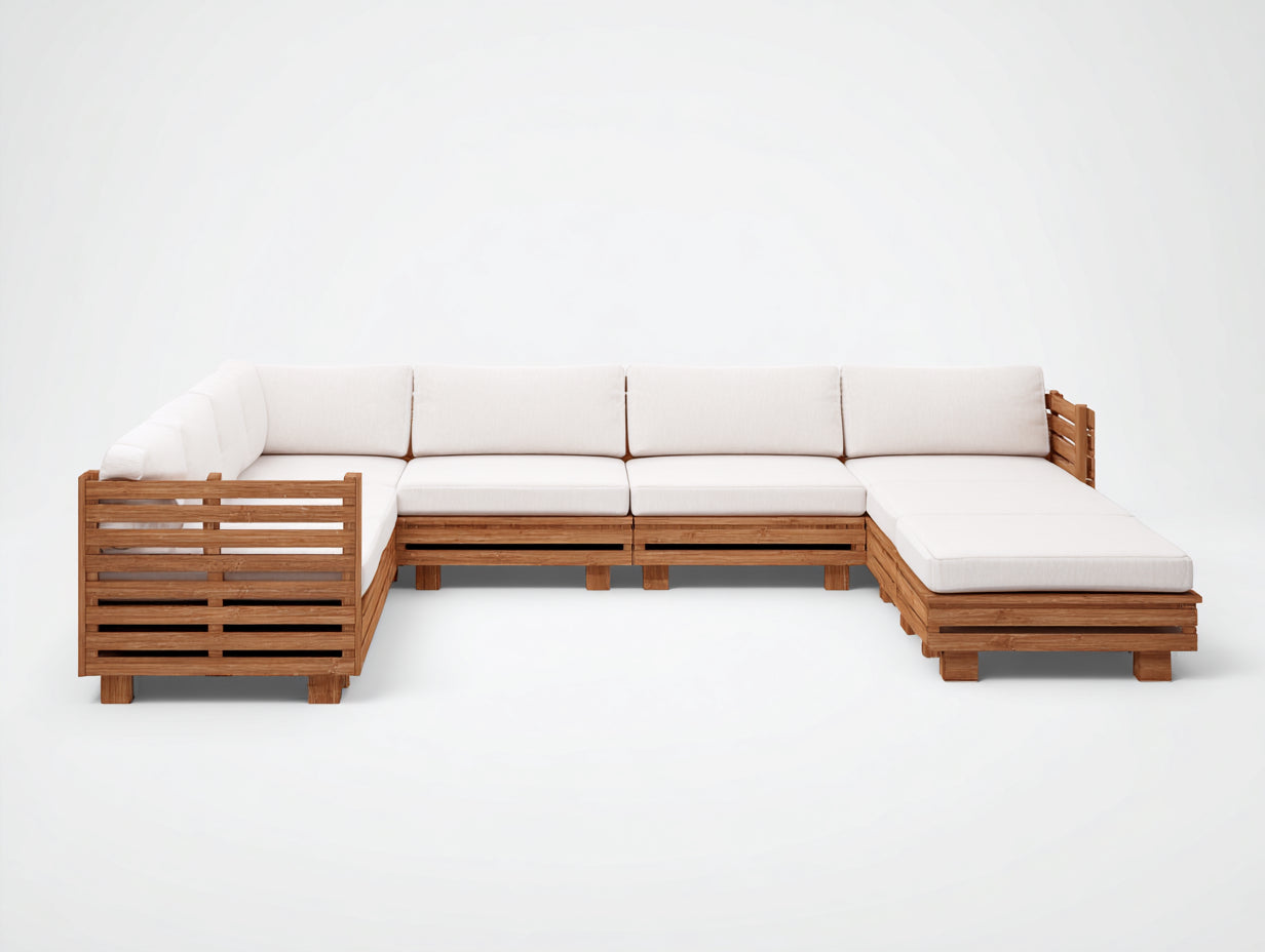 Sofás de exterior de madera 300x220x75 cm - madera natural-blanco - modular con chaise longue - estilo moderno