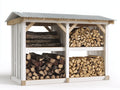 Leñero de exterior de madera con tejado metálico 180x60x160 cm - blanco-natural - diseño abierto