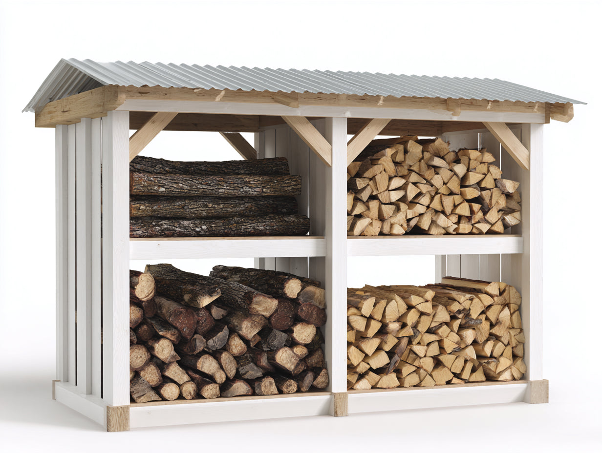 Leñero de exterior de madera con tejado metálico 180x60x160 cm - blanco-natural - diseño abierto